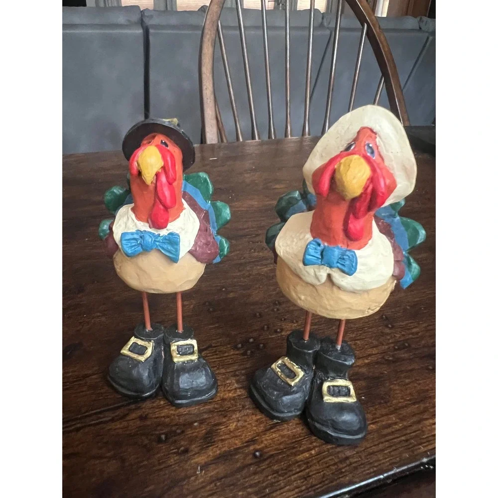 Turkey Pilgrim Thanksgiving Figurines Set of 2 Hand Painted Resin